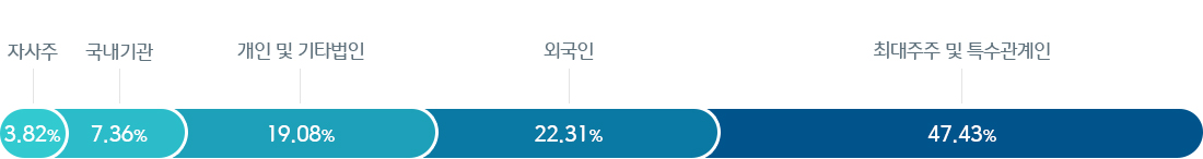 최대주주 및 특수관계인 47.43%, 외국인 22.47%, 개인 및 기타법인 20.30%, 국내기관 5.98%, 자사주 3.82%